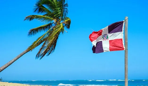 Bandera dominicana y palmera en una playa del Caribe